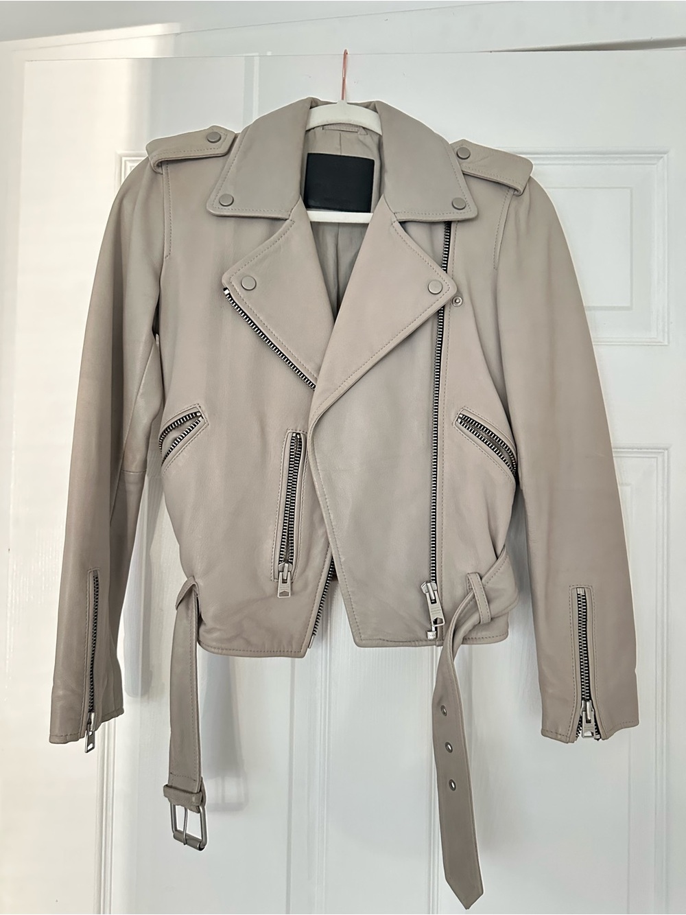 All Saints Taupe Leather Moto Jacket with Belt